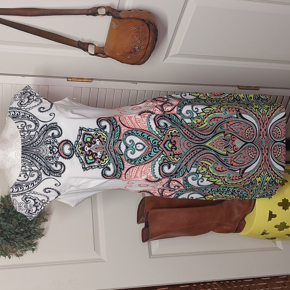 London Times White and Multicolor Patterned Midi Dress Size 10